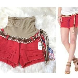 *NWT Maternity Shorts Red Denim Pregnant Wallflower Jean Fringe Over Belly